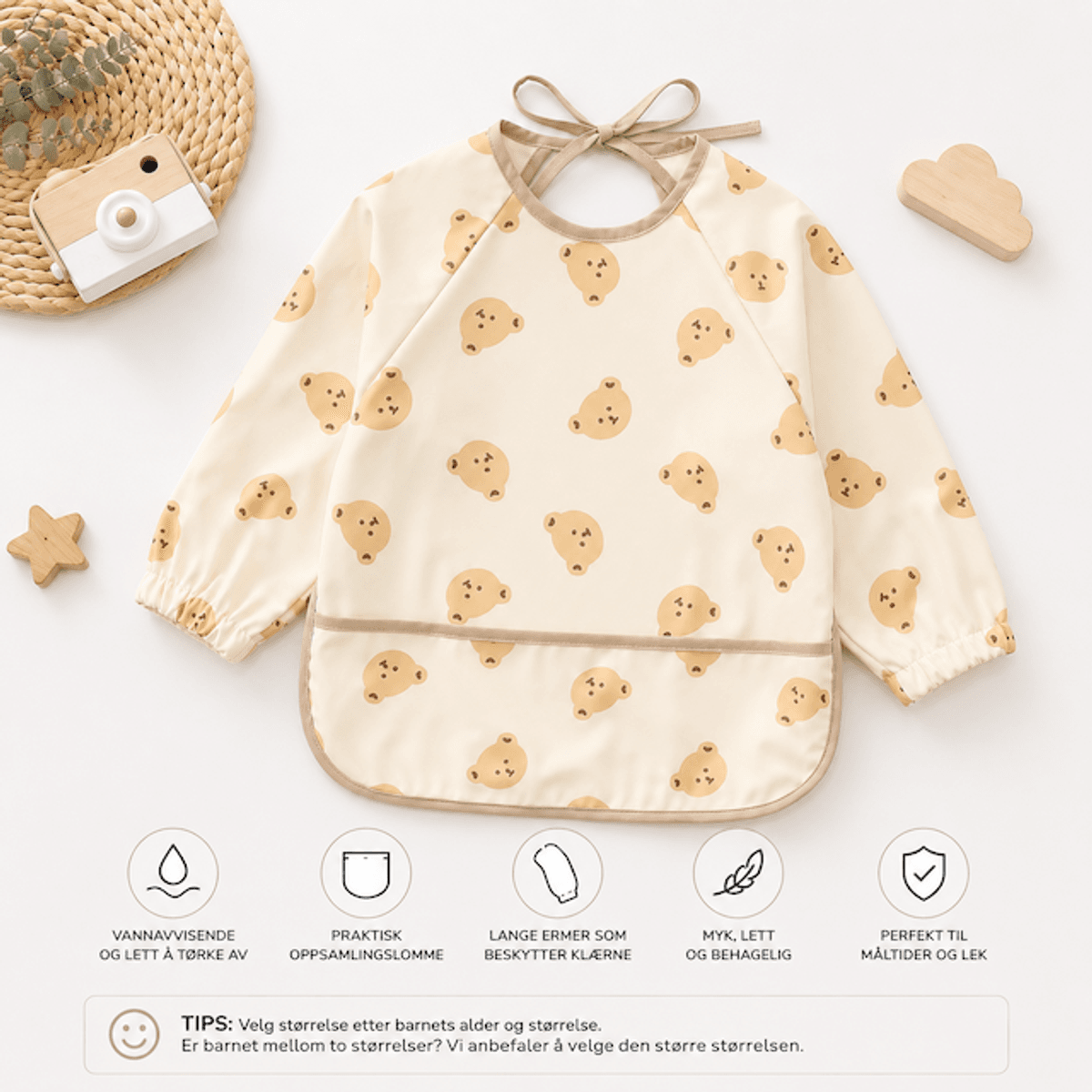 Troller Kids | Smekke Forkle med lang arm | Beige bamse | Large