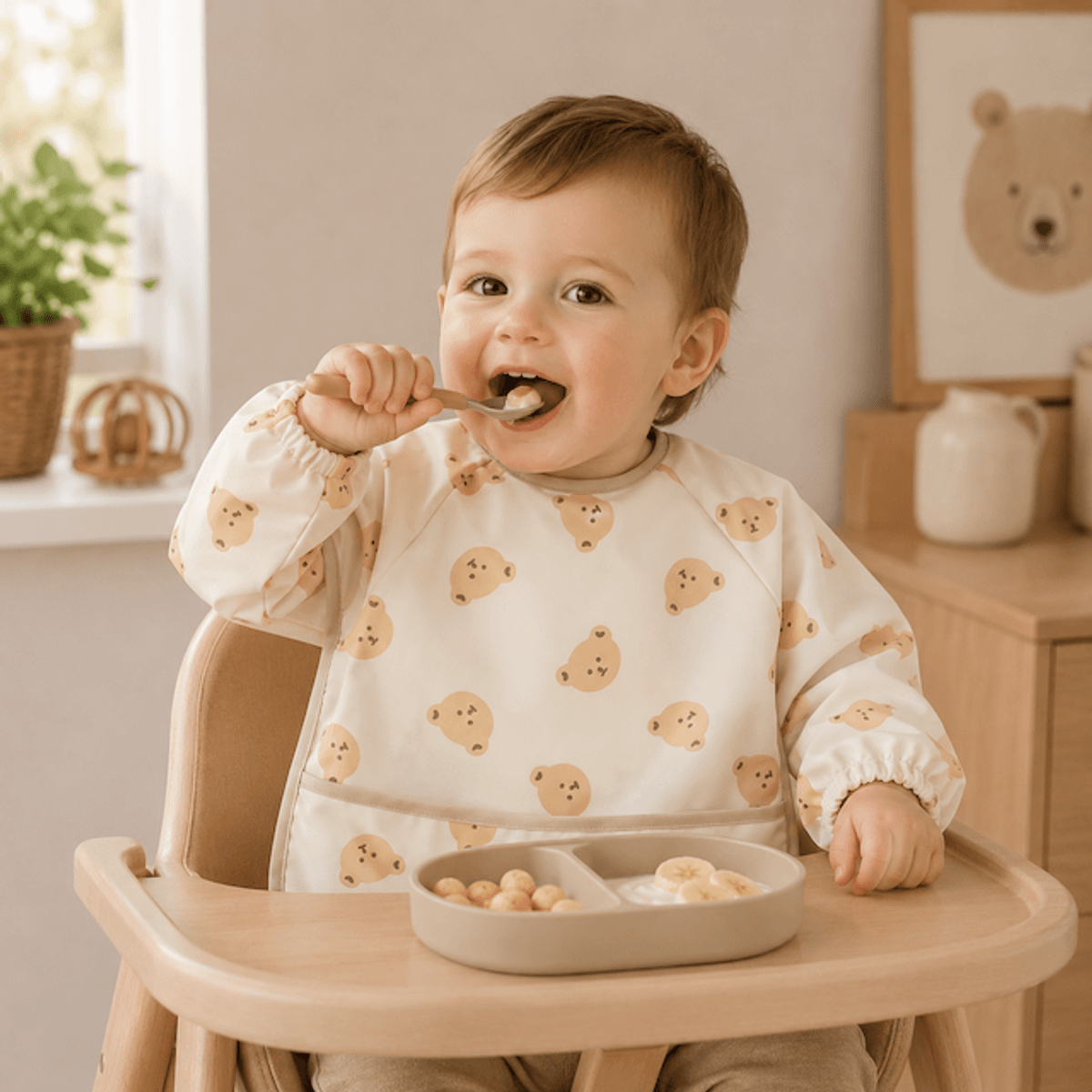 Troller Kids | Smekke Forkle med lang arm | Beige bamse | Large